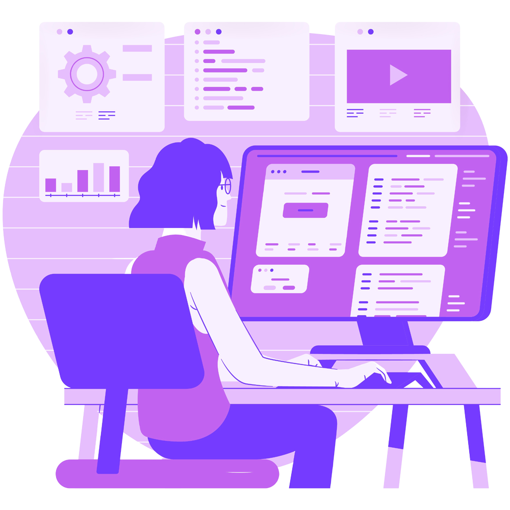 Flat graphic of a woman at a computer